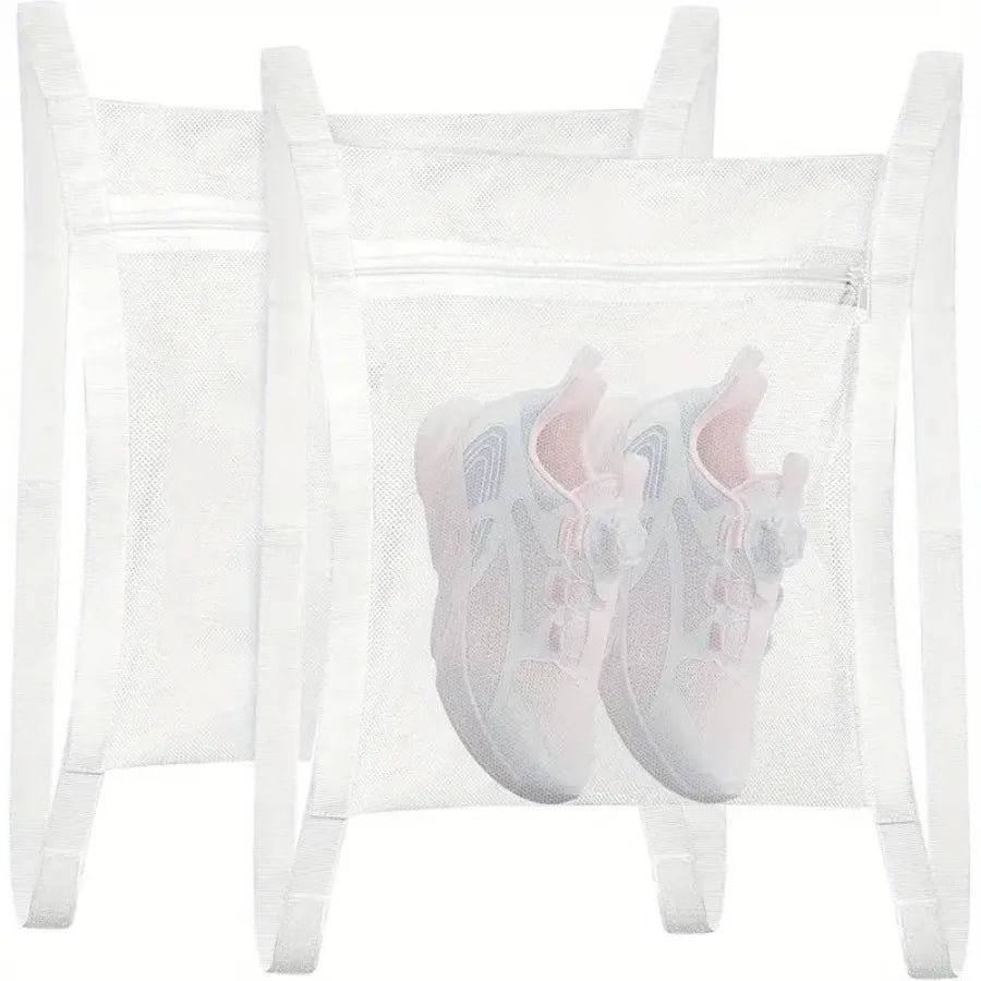 2 Piece White Shoe Wash Bag, Reusable, with Zipper and Strap, Suitable for Shoes, Clothing, and Protection From Damage