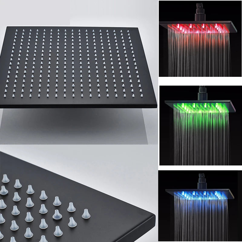 SHBSHAIMY Black Shower Head LED Light Large Rainfall Chrome Rainfall Faucet Bathroom Tap Stainless Steel Square Sprayer Tap