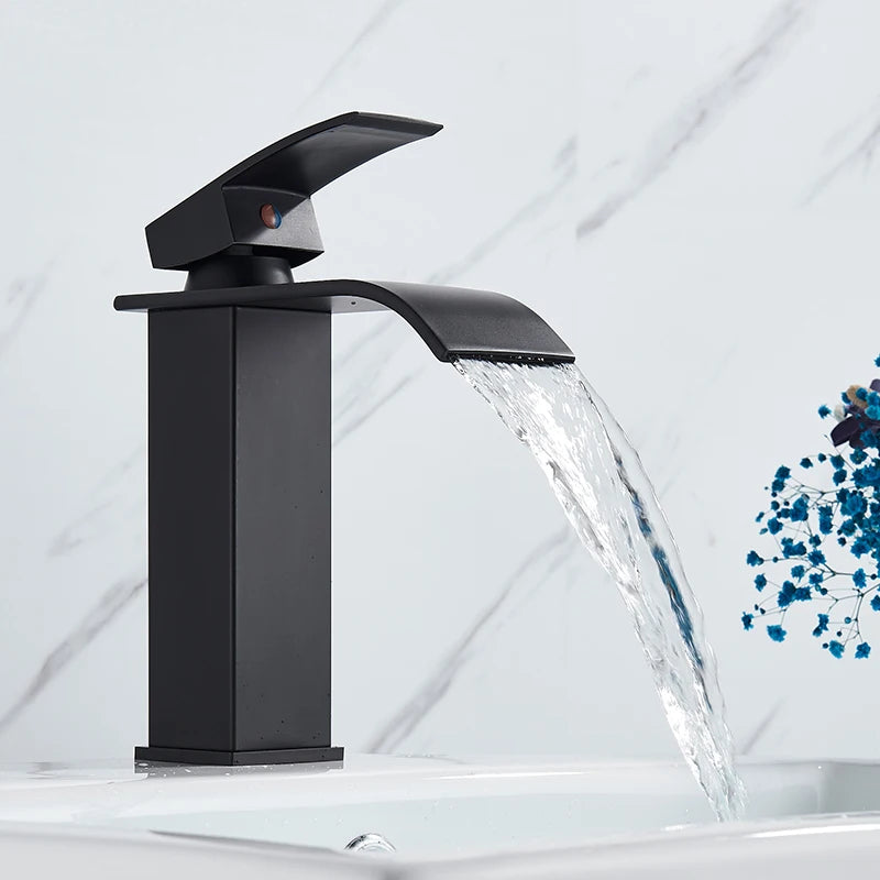 Matte Black Basin Faucet Deck Mounted Single Lever Bathroom Crane Waterfall Brass Bathroom Tap Hot Cold Water Mixer Taps