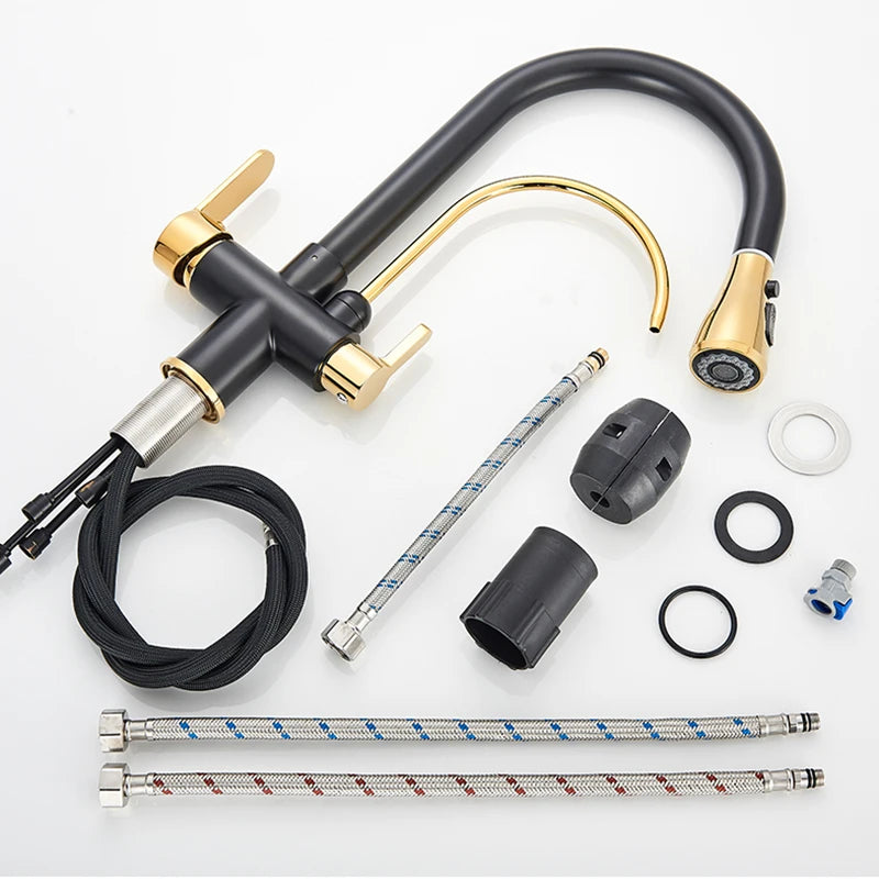Black Gold Pure Water Faucet Spout Pull Out Dual Water Modes Kitchen Purification Sink Faucet  Kitchen Filtered Crane