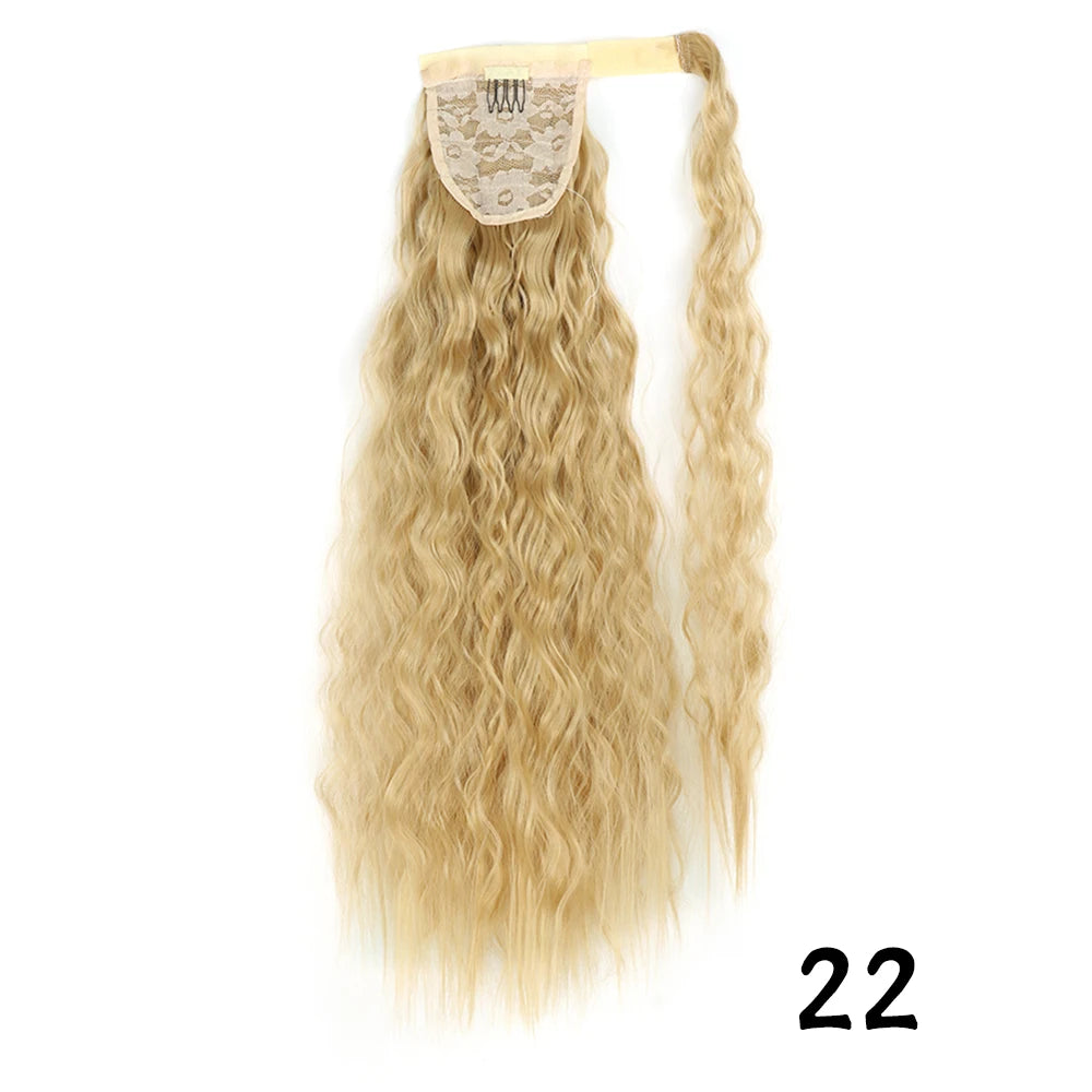 Synthetic Long Corn Wavy Ponytail Hairpiece Wrap on Hair Clip Ombre Brown Blonde Hair Extensions Pony Tail
