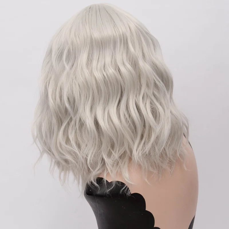MSIWIGS Short Wig Grey White Wavy Cosplay Red Wig with Side Bang for Women Party Costume Lolita Synthetic Hair
