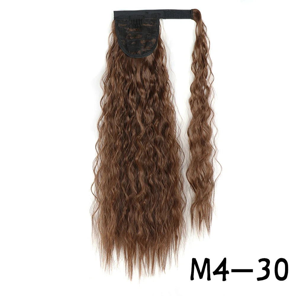 Synthetic Long Corn Wavy Ponytail Hairpiece Wrap on Hair Clip Ombre Brown Blonde Hair Extensions Pony Tail