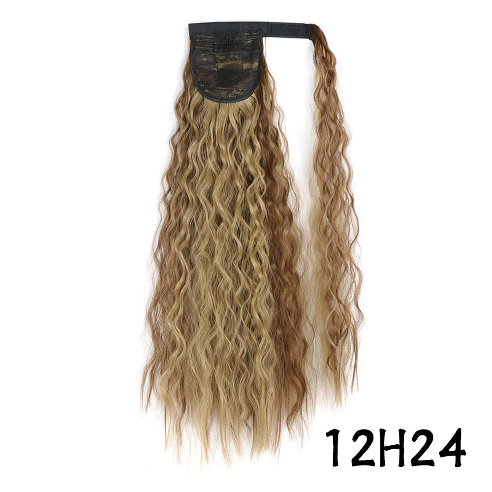 Synthetic Long Corn Wavy Ponytail Hairpiece Wrap on Hair Clip Ombre Brown Blonde Hair Extensions Pony Tail