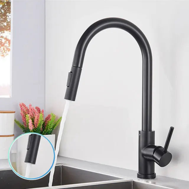Black Sensor Kitchen Faucets Stainless Steel Smart Induction Pull Out Mixed Tap Single Handle Touch Control 360 Rotation Tap