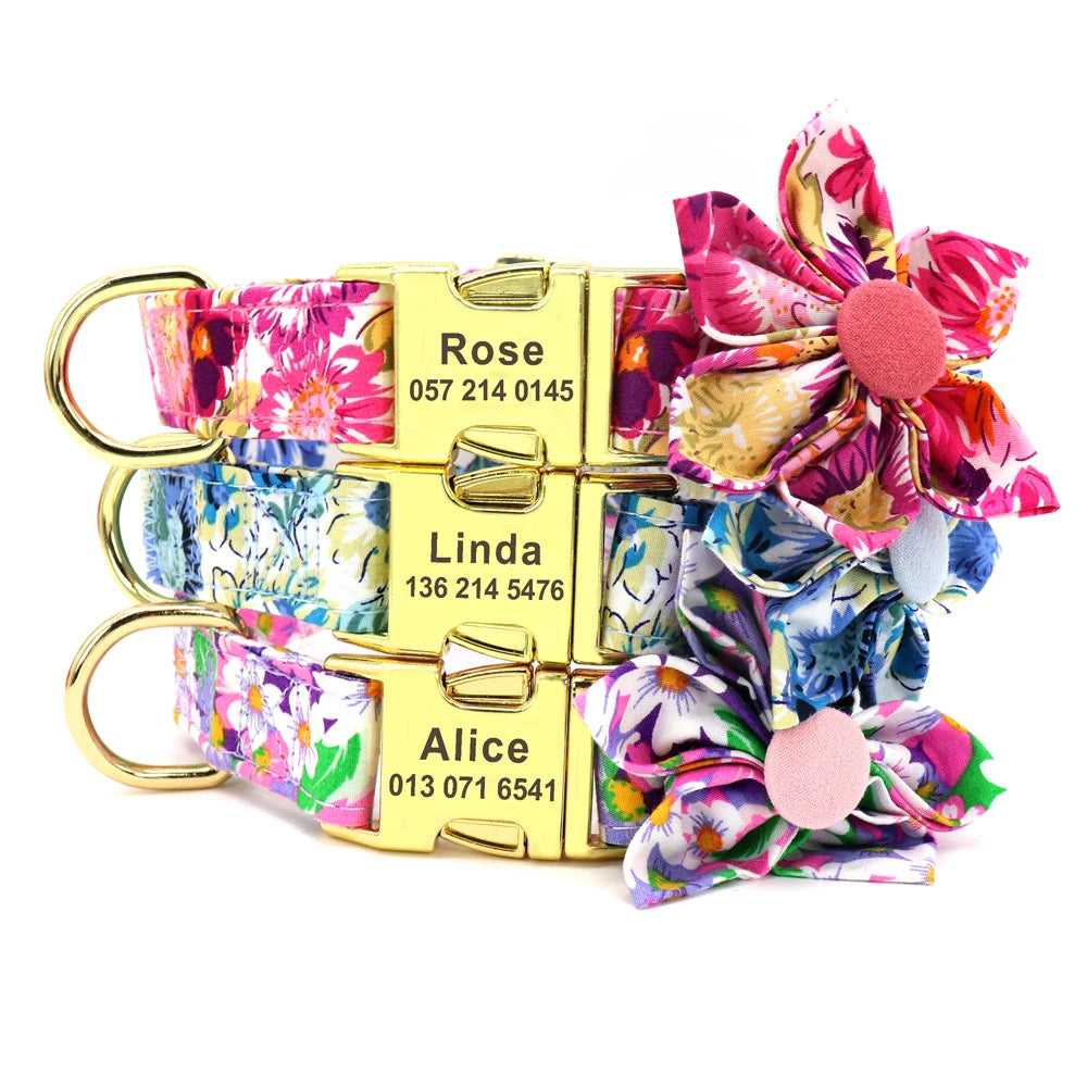 Personalized Dog Collar and Leash Set Nylon Print Dogs ID Collars Pet Lead Belt Rope Flower Accessories Small Medium Large Dogs