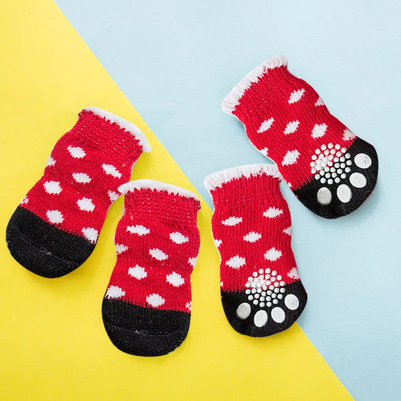 4Pcs Winter Pet Socks Non-slip Socks Dog Paw Protection Printed Socks For Chihuahua Teedy Pet Supplies Warm Cute Cartoon Casual