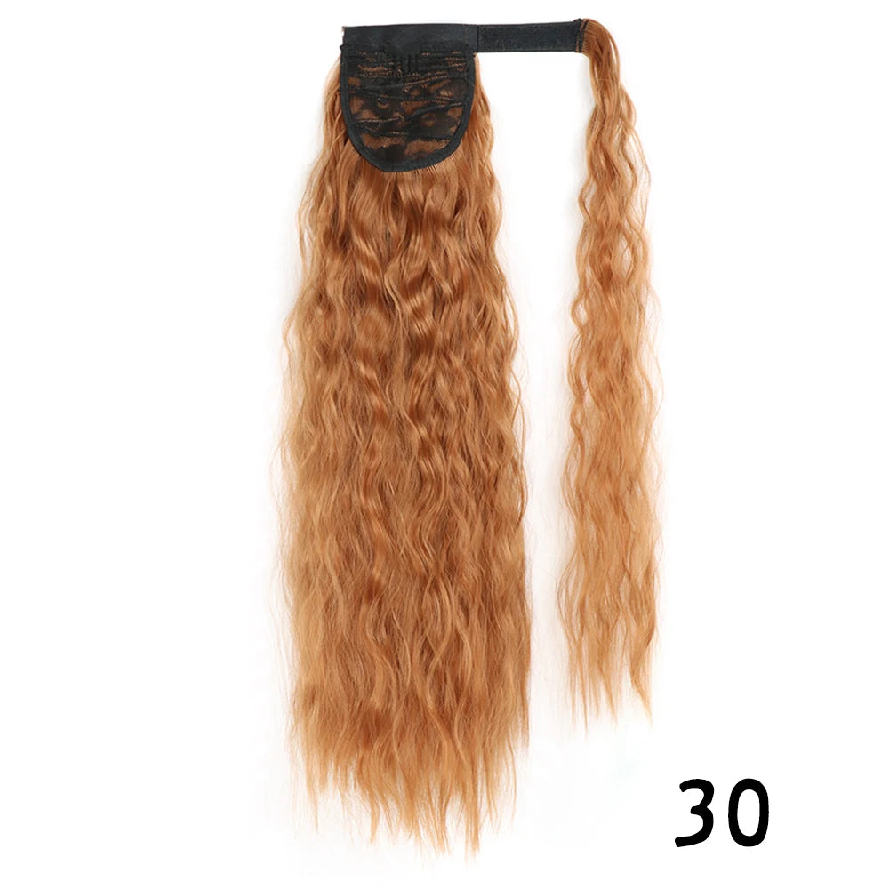 Synthetic Long Corn Wavy Ponytail Hairpiece Wrap on Hair Clip Ombre Brown Blonde Hair Extensions Pony Tail
