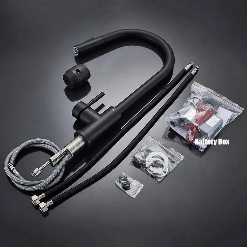 Black Sensor Kitchen Faucets Stainless Steel Smart Induction Pull Out Mixed Tap Single Handle Touch Control 360 Rotation Tap