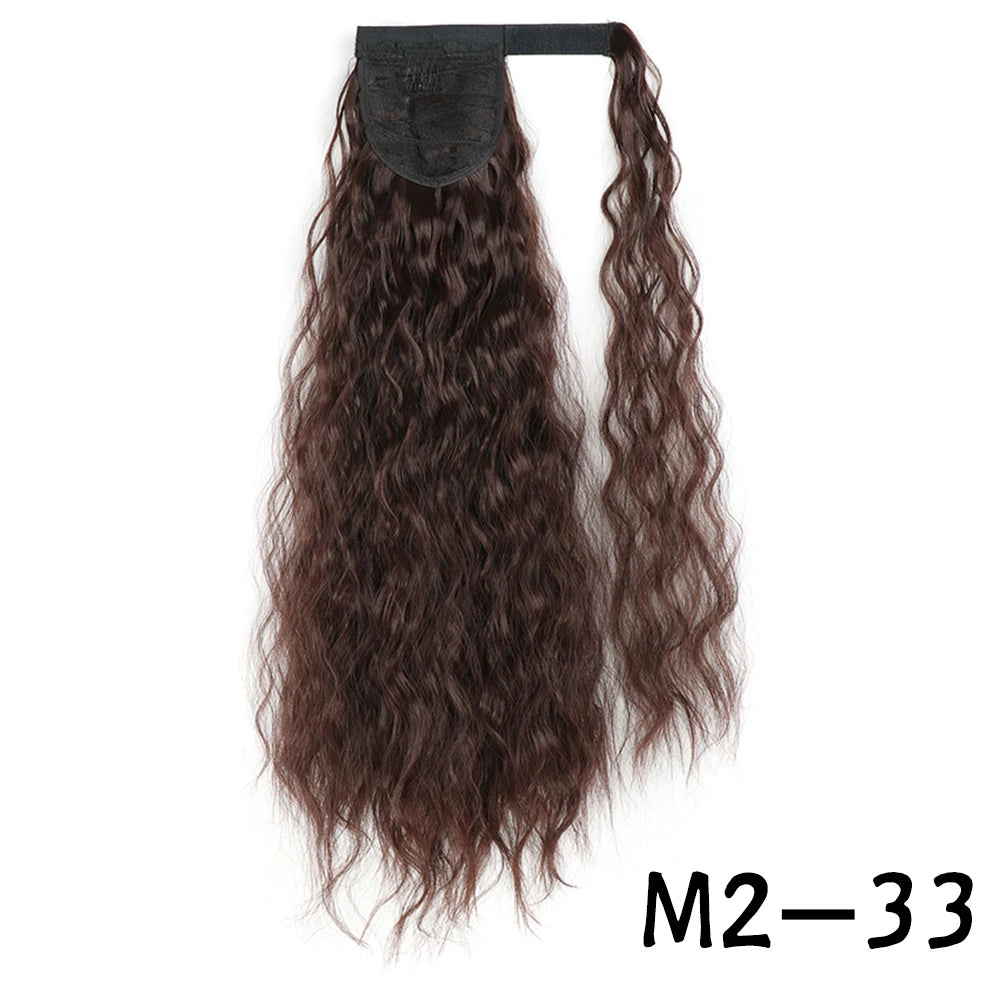 Synthetic Long Corn Wavy Ponytail Hairpiece Wrap on Hair Clip Ombre Brown Blonde Hair Extensions Pony Tail