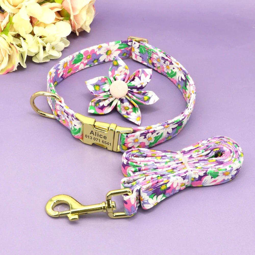 Personalized Dog Collar and Leash Set Nylon Print Dogs ID Collars Pet Lead Belt Rope Flower Accessories Small Medium Large Dogs