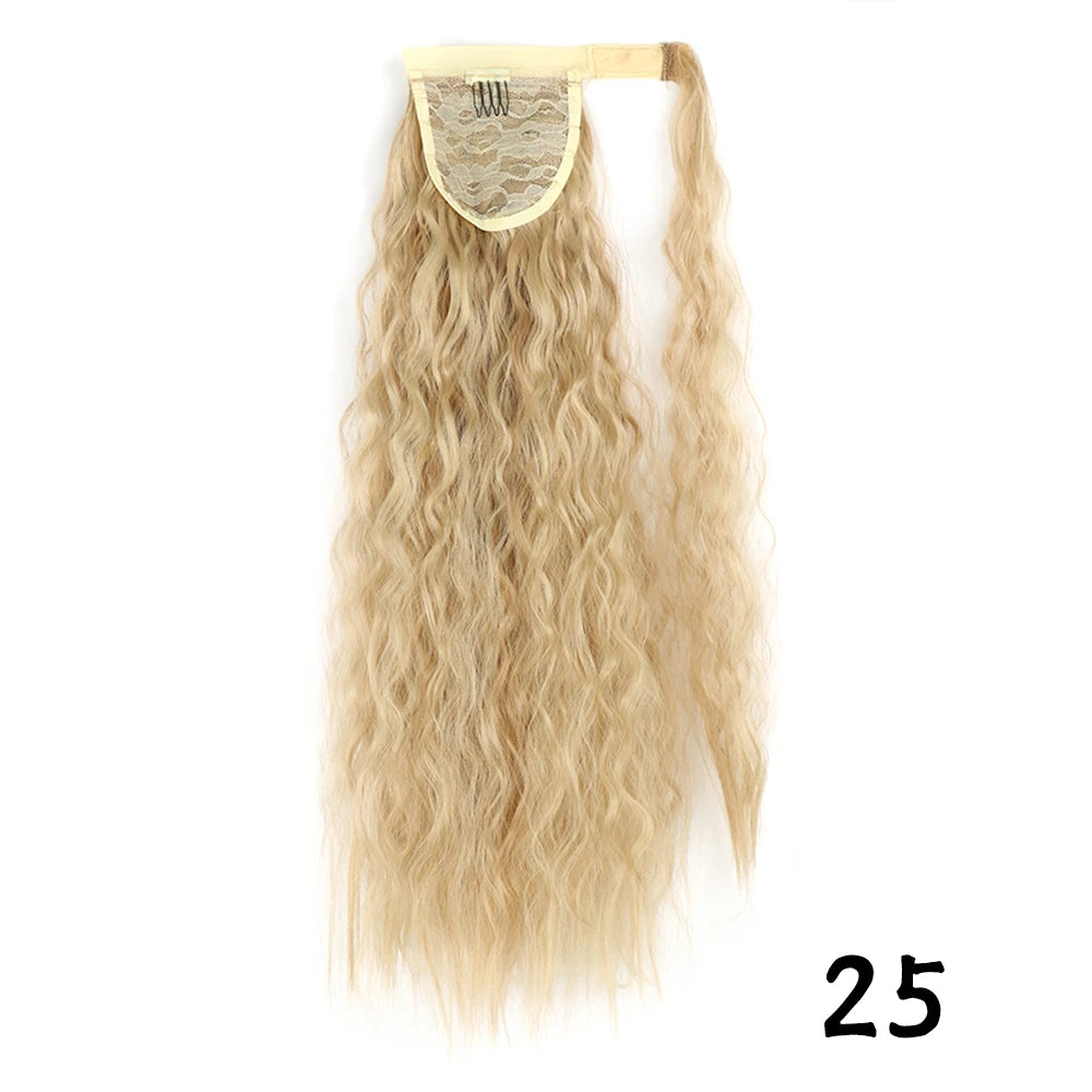 Synthetic Long Corn Wavy Ponytail Hairpiece Wrap on Hair Clip Ombre Brown Blonde Hair Extensions Pony Tail
