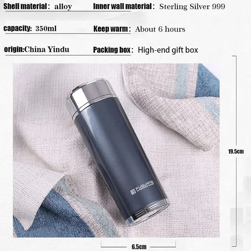 Sterling Silver 999 Vacuum Water Cup Sealed and Leak-proof Stainless Steel S999 Tea Cup Business Gift Car Thermos Cup 350ml