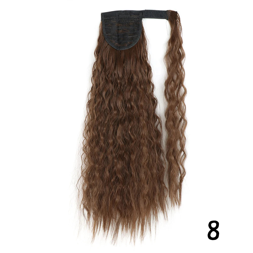 Synthetic Long Corn Wavy Ponytail Hairpiece Wrap on Hair Clip Ombre Brown Blonde Hair Extensions Pony Tail