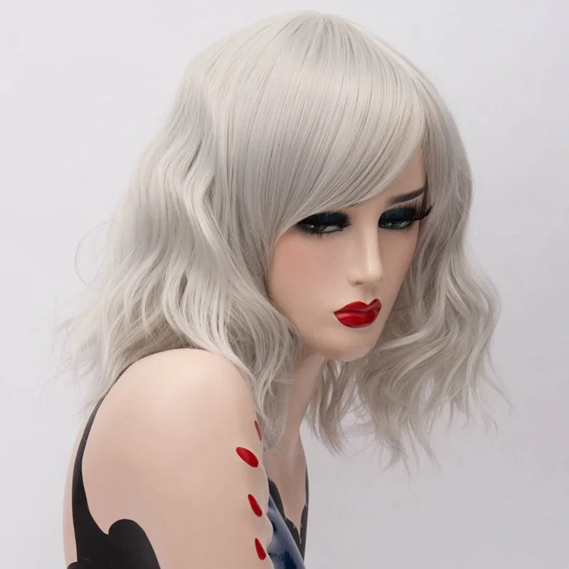 MSIWIGS Short Wig Grey White Wavy Cosplay Red Wig with Side Bang for Women Party Costume Lolita Synthetic Hair