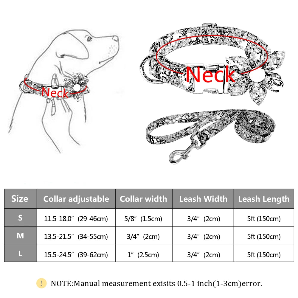 Personalized Dog Collar and Leash Set Nylon Print Dogs ID Collars Pet Lead Belt Rope Flower Accessories Small Medium Large Dogs