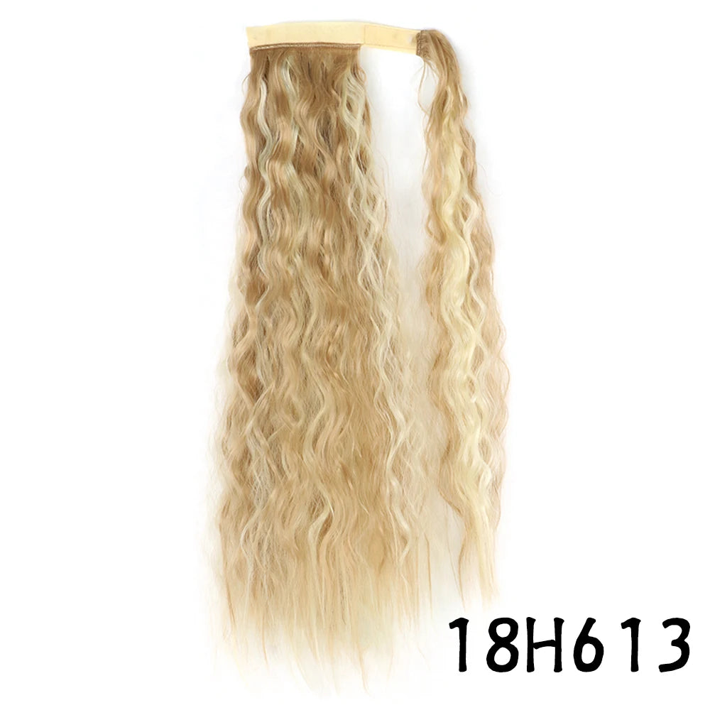 Synthetic Long Corn Wavy Ponytail Hairpiece Wrap on Hair Clip Ombre Brown Blonde Hair Extensions Pony Tail