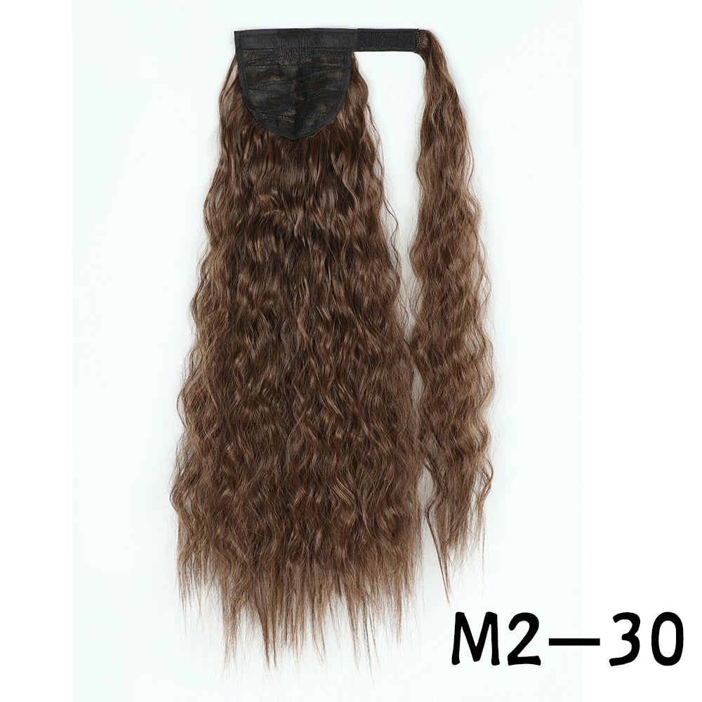 Synthetic Long Corn Wavy Ponytail Hairpiece Wrap on Hair Clip Ombre Brown Blonde Hair Extensions Pony Tail