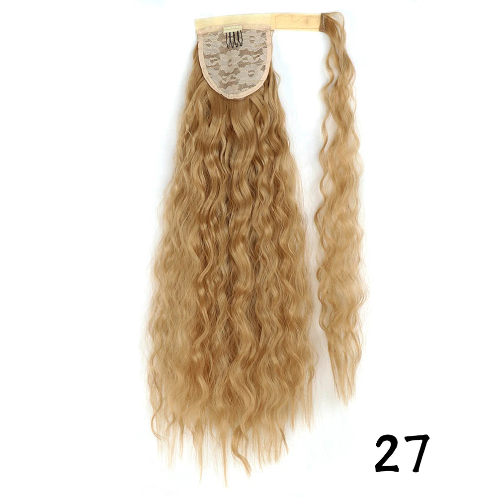 Synthetic Long Corn Wavy Ponytail Hairpiece Wrap on Hair Clip Ombre Brown Blonde Hair Extensions Pony Tail