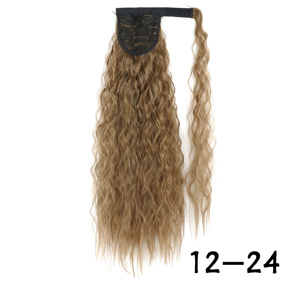 Synthetic Long Corn Wavy Ponytail Hairpiece Wrap on Hair Clip Ombre Brown Blonde Hair Extensions Pony Tail