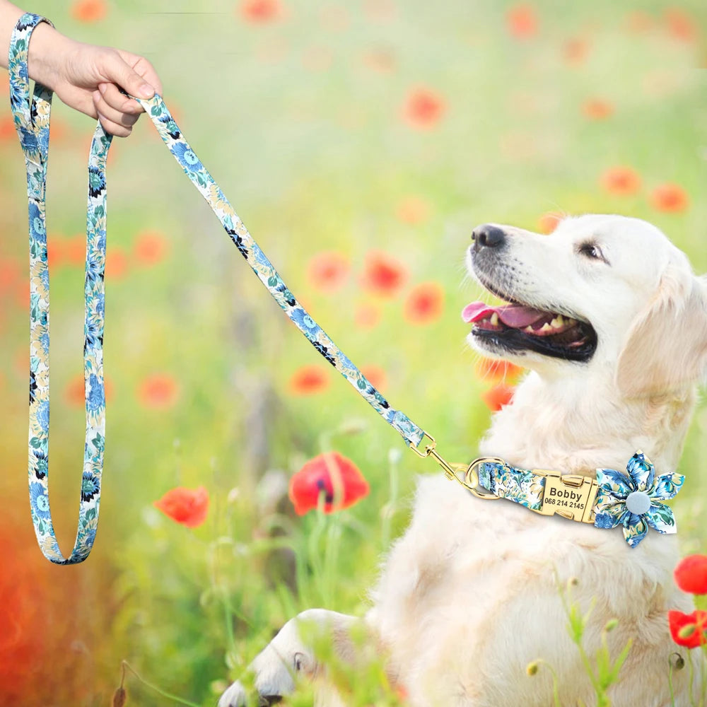 Personalized Dog Collar and Leash Set Nylon Print Dogs ID Collars Pet Lead Belt Rope Flower Accessories Small Medium Large Dogs