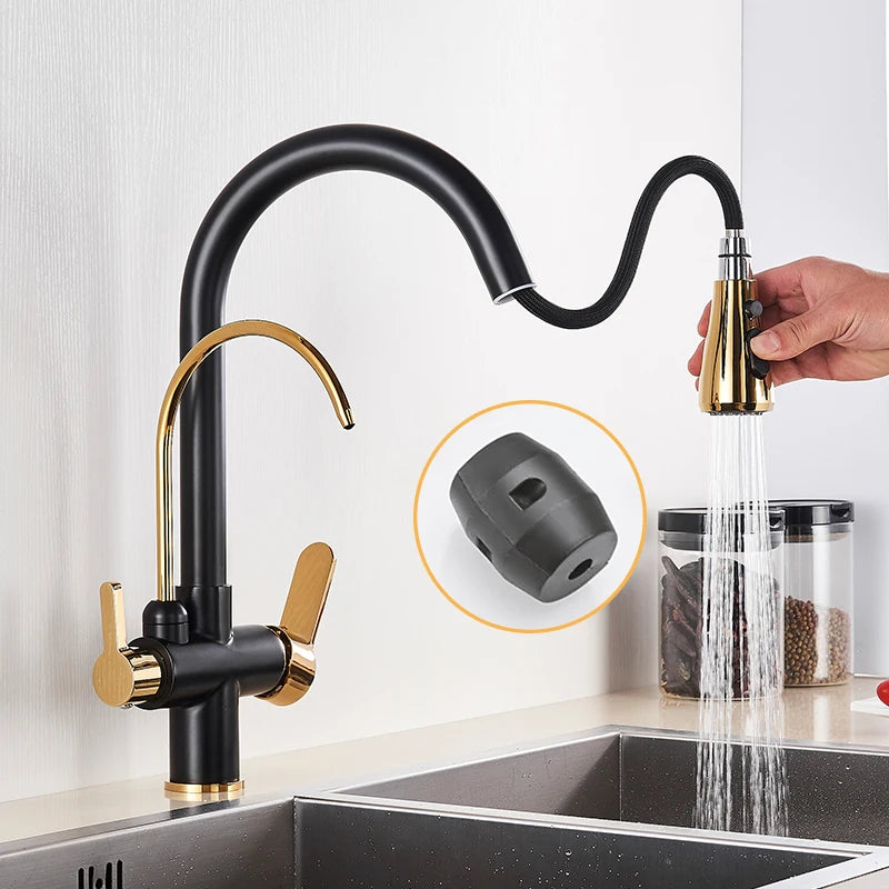 Black Gold Pure Water Faucet Spout Pull Out Dual Water Modes Kitchen Purification Sink Faucet  Kitchen Filtered Crane