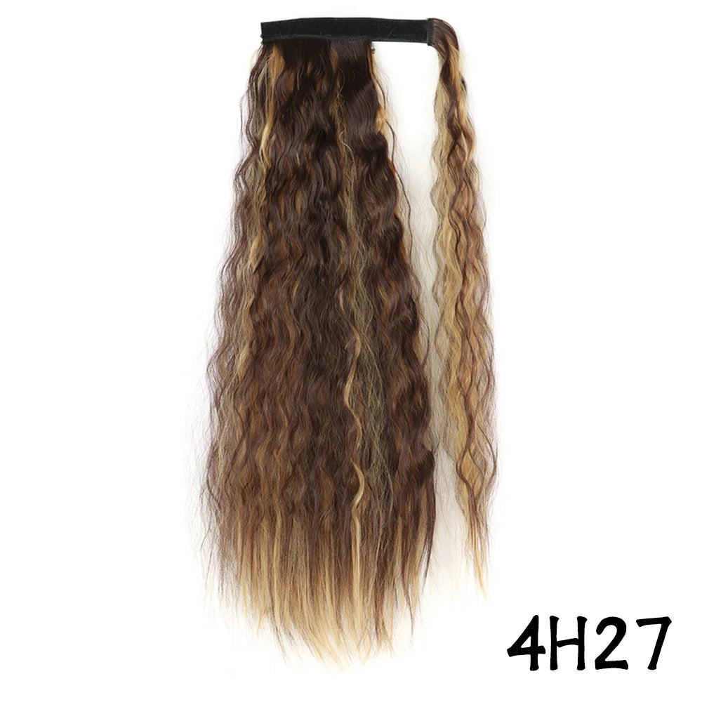 Synthetic Long Corn Wavy Ponytail Hairpiece Wrap on Hair Clip Ombre Brown Blonde Hair Extensions Pony Tail