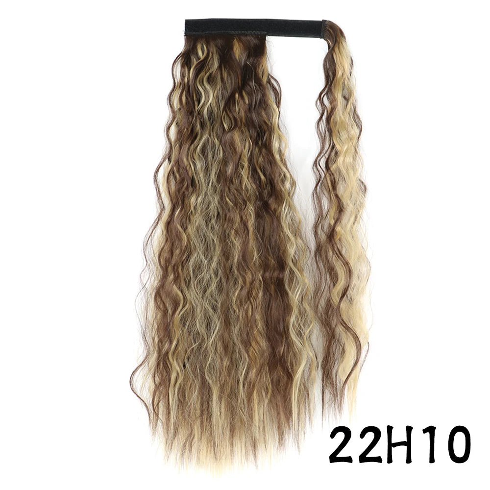 Synthetic Long Corn Wavy Ponytail Hairpiece Wrap on Hair Clip Ombre Brown Blonde Hair Extensions Pony Tail