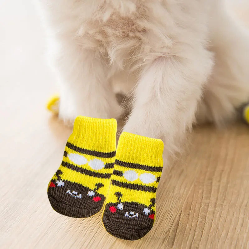 4Pcs Winter Pet Socks Non-slip Socks Dog Paw Protection Printed Socks For Chihuahua Teedy Pet Supplies Warm Cute Cartoon Casual
