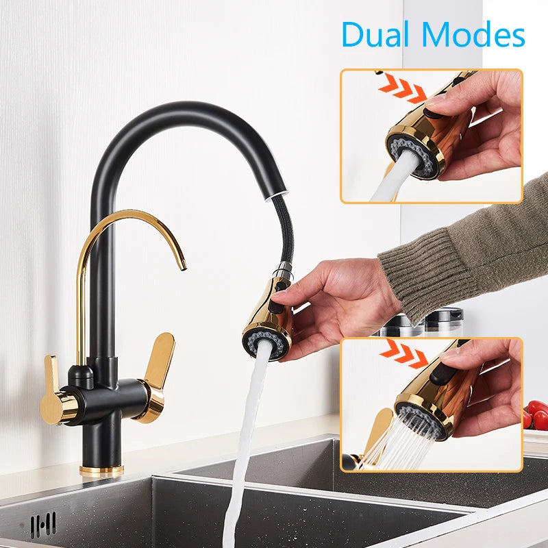Black Gold Pure Water Faucet Spout Pull Out Dual Water Modes Kitchen Purification Sink Faucet  Kitchen Filtered Crane