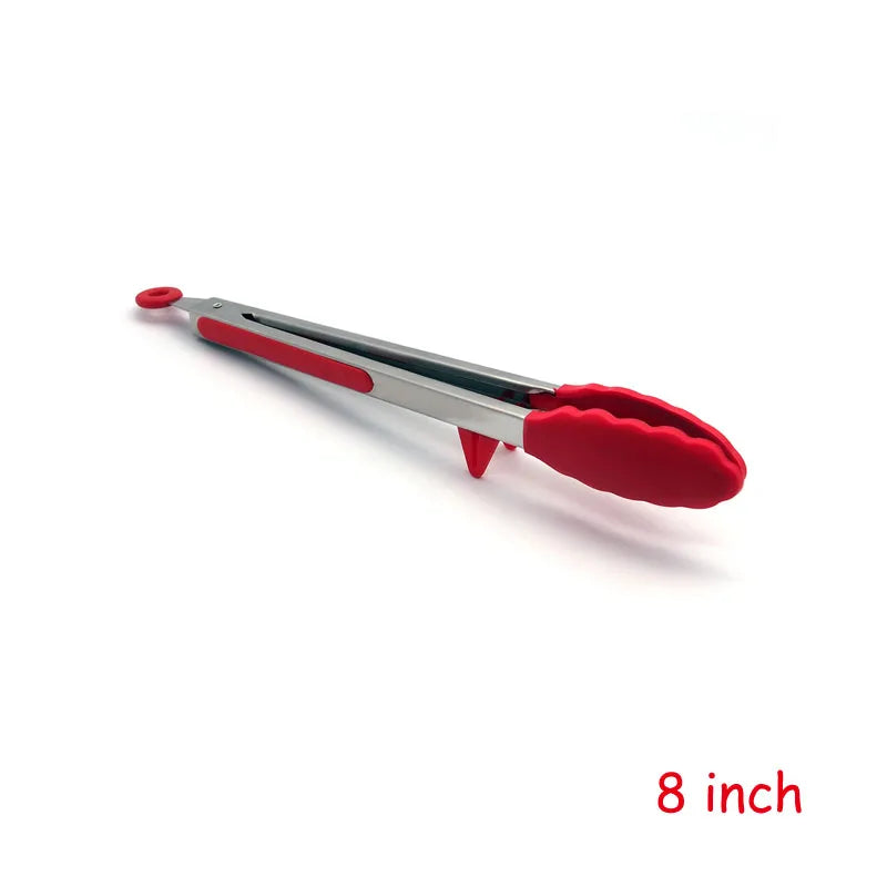 LMETJMA Kitchen Cooking Tongs Heat Resistant Stainless Steel BBQ Tong with Silicone Tips and Stand Design For Salad Grill KC0254