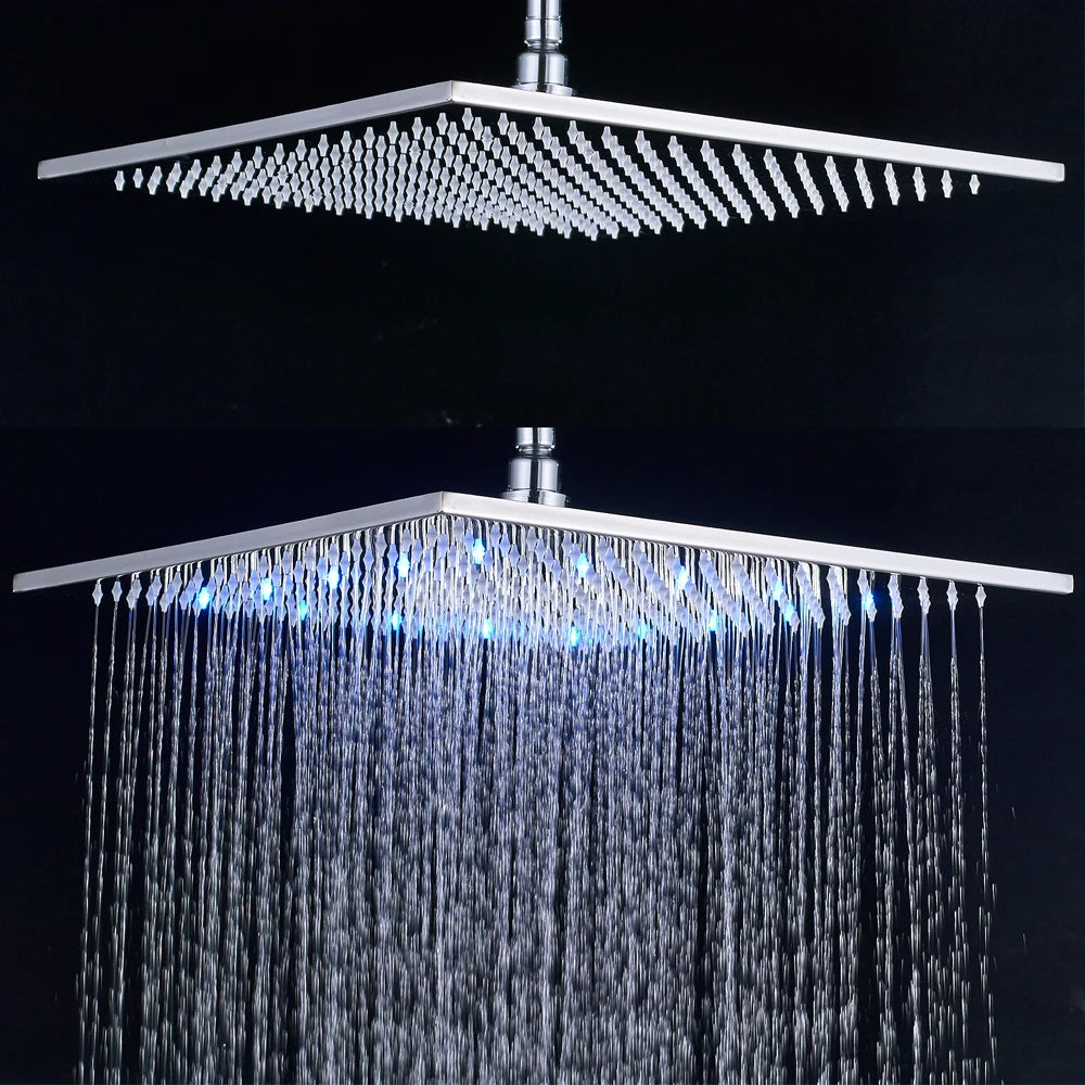 Matte Black 16 inch Rainfall shower head Brass square led light shower faucet head 40cm Brass Rainfall Shower Head