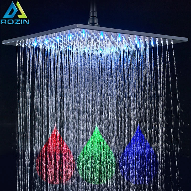 Matte Black 16 inch Rainfall shower head Brass square led light shower faucet head 40cm Brass Rainfall Shower Head