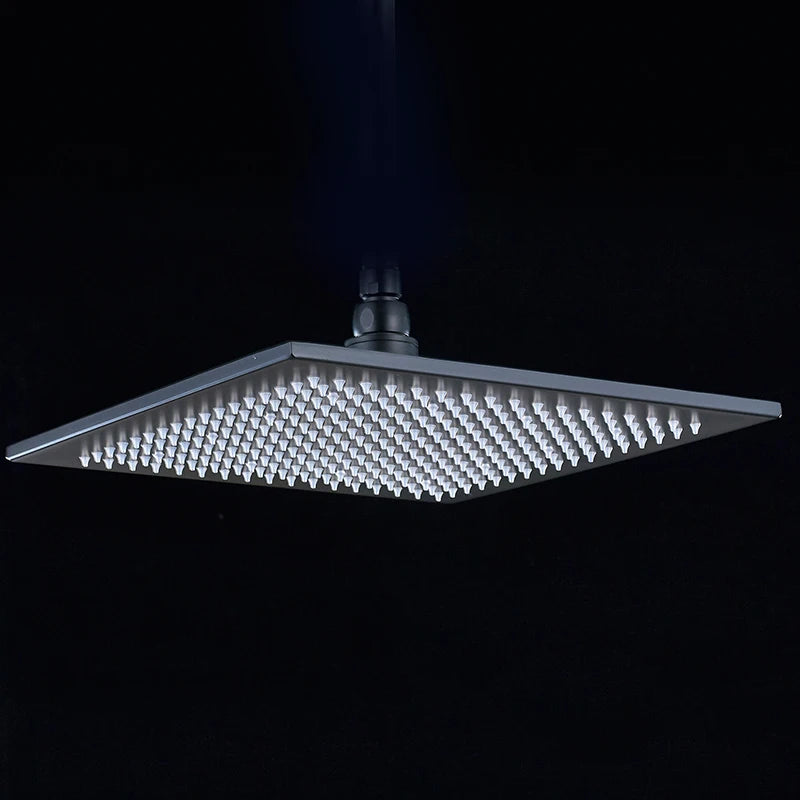 Matte Black 16 inch Rainfall shower head Brass square led light shower faucet head 40cm Brass Rainfall Shower Head