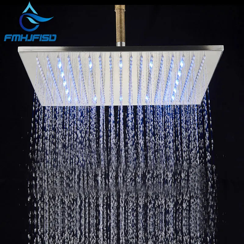 Black Chrome Nickel LED Rainfall Shower Head 8/10/12/16 inch LED Top Over Sprayer Heads Rainfall Shower Replacement Shower