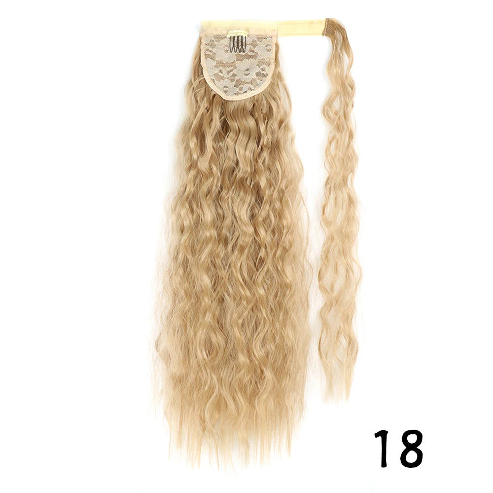 Synthetic Long Corn Wavy Ponytail Hairpiece Wrap on Hair Clip Ombre Brown Blonde Hair Extensions Pony Tail