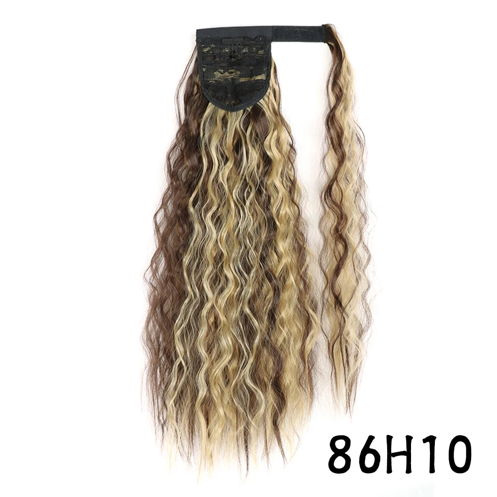 Synthetic Long Corn Wavy Ponytail Hairpiece Wrap on Hair Clip Ombre Brown Blonde Hair Extensions Pony Tail