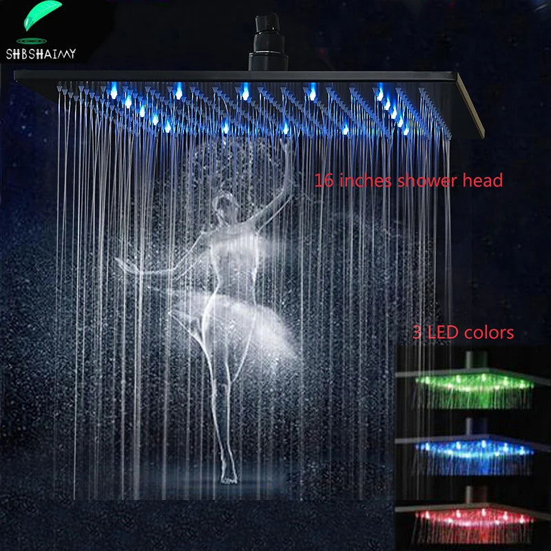 SHBSHAIMY Black Shower Head LED Light Large Rainfall Chrome Rainfall Faucet Bathroom Tap Stainless Steel Square Sprayer Tap