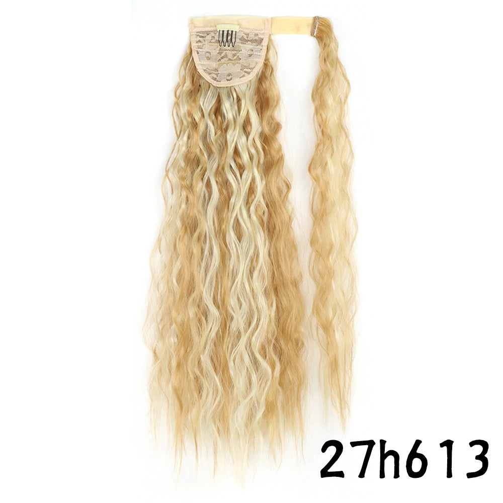 Synthetic Long Corn Wavy Ponytail Hairpiece Wrap on Hair Clip Ombre Brown Blonde Hair Extensions Pony Tail