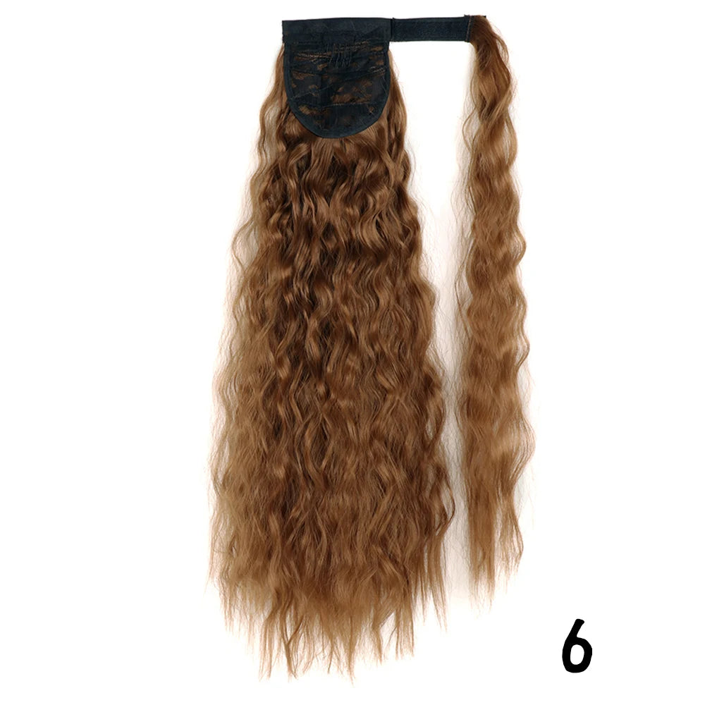 Synthetic Long Corn Wavy Ponytail Hairpiece Wrap on Hair Clip Ombre Brown Blonde Hair Extensions Pony Tail