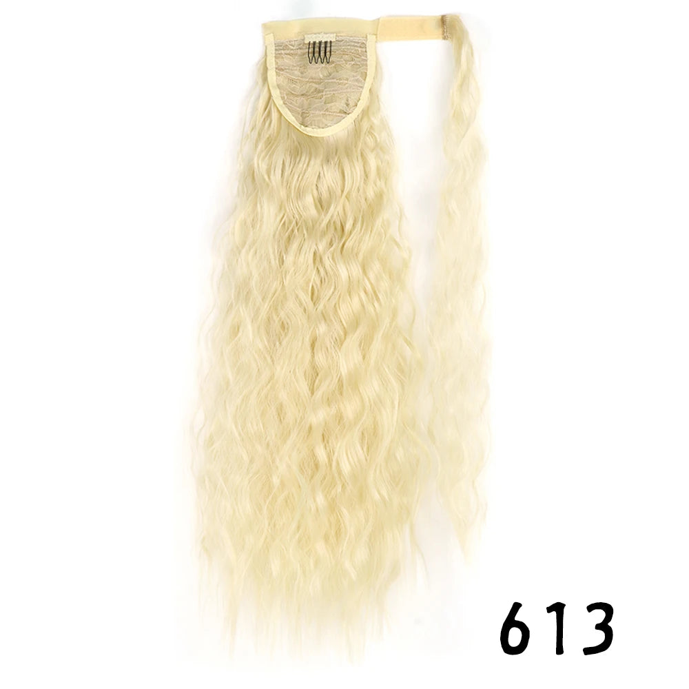 Synthetic Long Corn Wavy Ponytail Hairpiece Wrap on Hair Clip Ombre Brown Blonde Hair Extensions Pony Tail