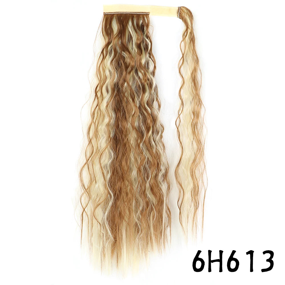 Synthetic Long Corn Wavy Ponytail Hairpiece Wrap on Hair Clip Ombre Brown Blonde Hair Extensions Pony Tail