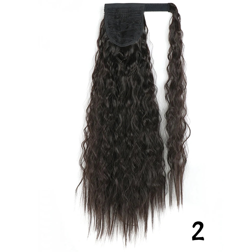 Synthetic Long Corn Wavy Ponytail Hairpiece Wrap on Hair Clip Ombre Brown Blonde Hair Extensions Pony Tail