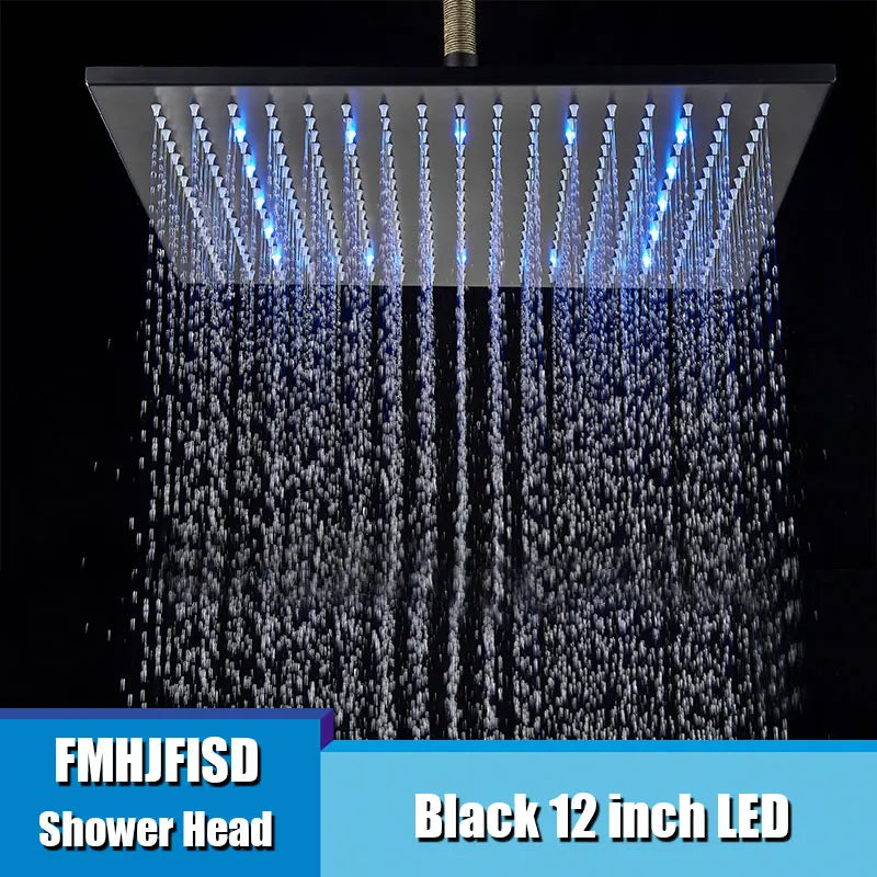 Black Chrome Nickel LED Rainfall Shower Head 8/10/12/16 inch LED Top Over Sprayer Heads Rainfall Shower Replacement Shower