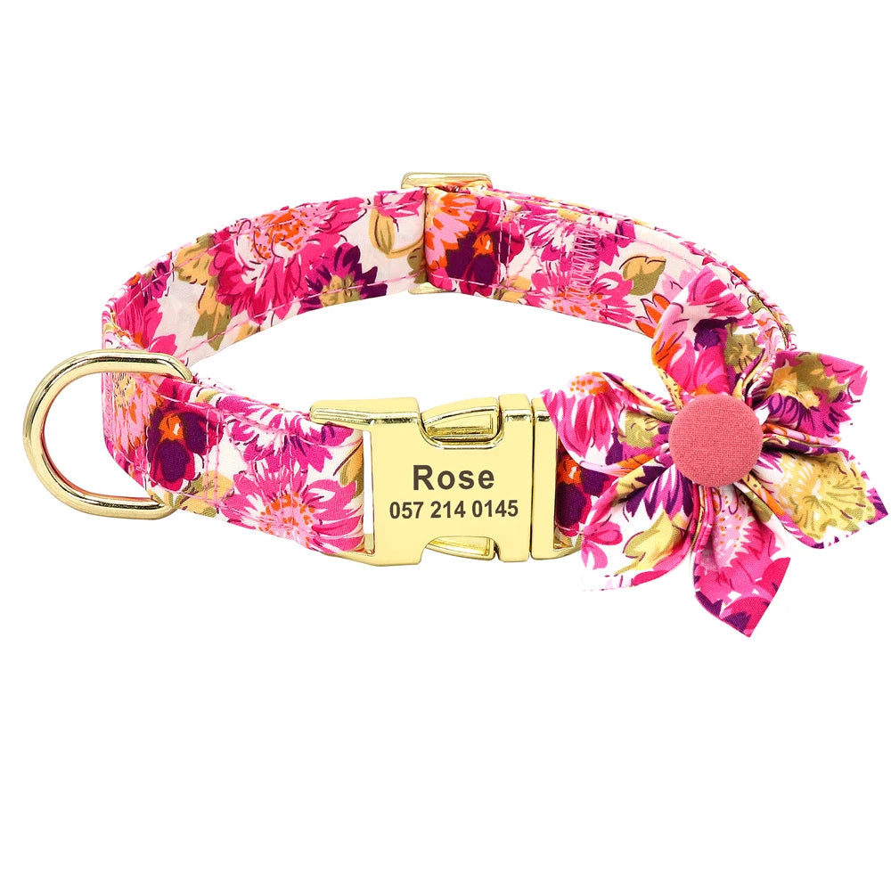Personalized Dog Collar and Leash Set Nylon Print Dogs ID Collars Pet Lead Belt Rope Flower Accessories Small Medium Large Dogs
