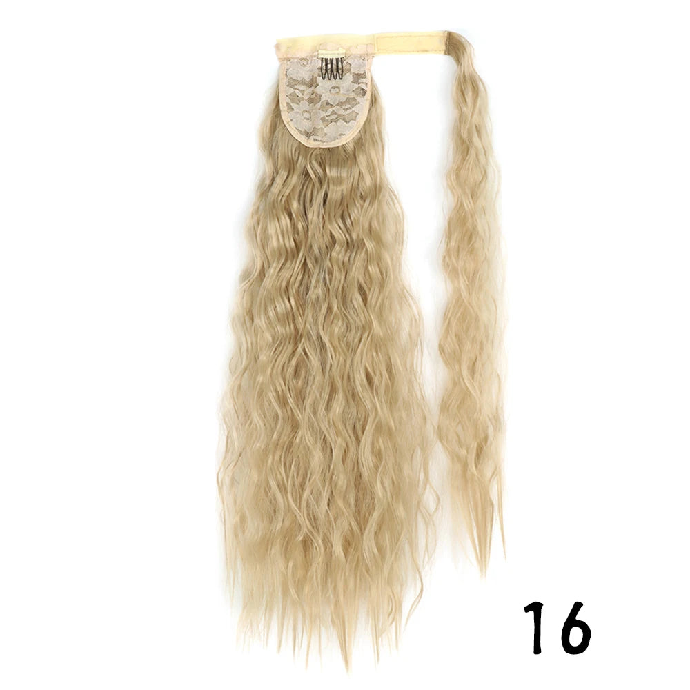 Synthetic Long Corn Wavy Ponytail Hairpiece Wrap on Hair Clip Ombre Brown Blonde Hair Extensions Pony Tail