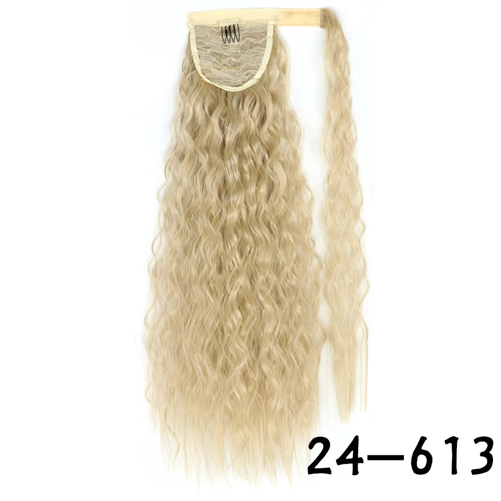 Synthetic Long Corn Wavy Ponytail Hairpiece Wrap on Hair Clip Ombre Brown Blonde Hair Extensions Pony Tail