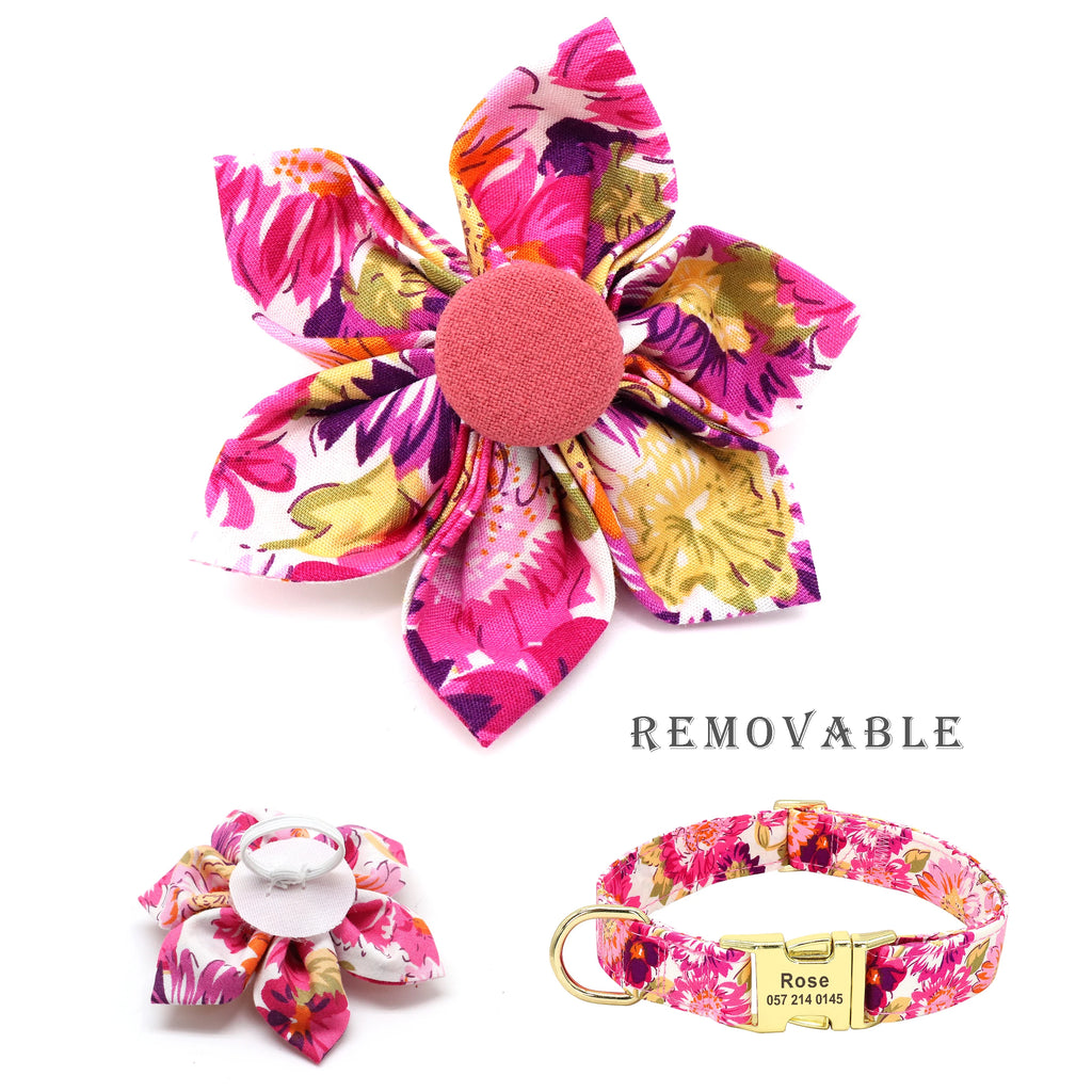 Personalized Dog Collar and Leash Set Nylon Print Dogs ID Collars Pet Lead Belt Rope Flower Accessories Small Medium Large Dogs