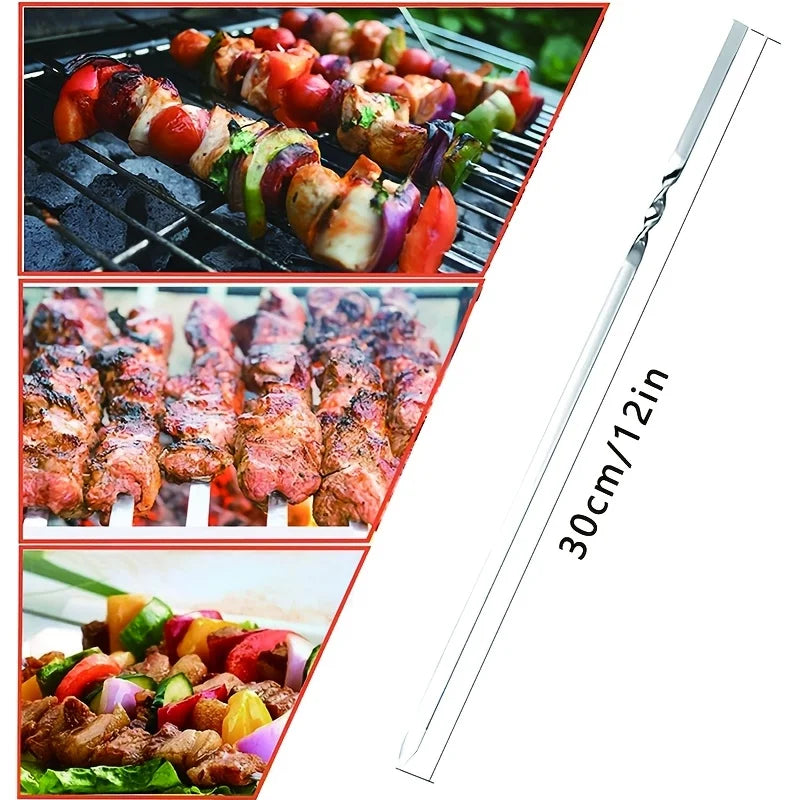 10PCS Kabob Skewers Flat Metal Stainless Steel BBQ Barbecue Skewer 12" Anti-Roll Heavy Duty Shish Kebob Sticks Wide Reusable Gri