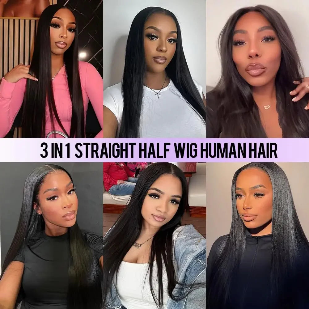 250 Density 3 IN 1 Half Wigs Human Hair Upgrade Remy Straight 3 IN 1 Half Wig With Drawstring Seamless Clip Ins Flip Over Wig